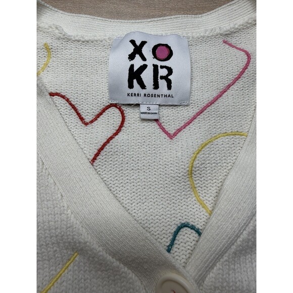Kerri Rosenthal Embroidered Hearts Cardigan Cream Rainbow Size Small - Picture 3 of 7
